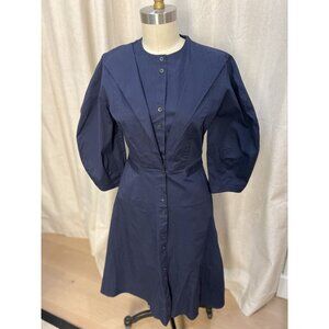 PALMER//HARDING Navy Button-Front Midi Dress Size 8 With Puff Sleeves & Pleated